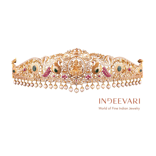 peacock lakshmi pearl vaddanam gold jewelry bridal design