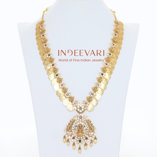 Suvarna Kasu Cz Temple Haram - emerald necklace with premium craftsmanship