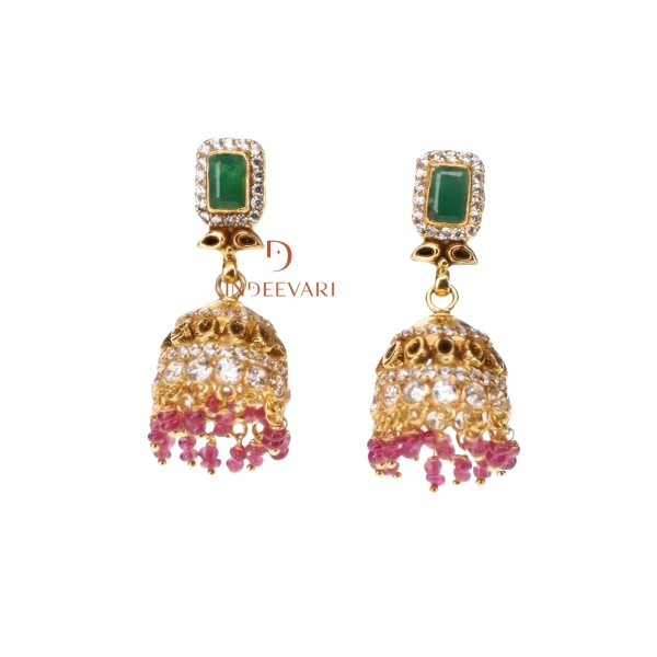 Juhi Jhumki Earrings with emerald stones, ruby beads, and cubic zirconia – traditional Indian jhumka earrings in 22K gold finish