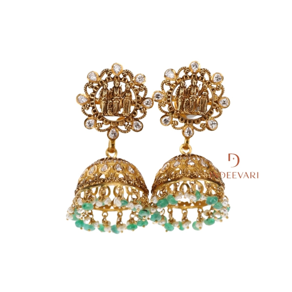 Eternal Ramparivar Pachi Jhumka earrings with Ram Parivar design, cubic zirconia, emeralds, pearls, and emerald beads – traditional 22K Indian gold jhumkis