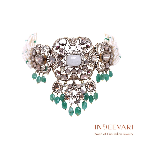 Empress Cascade Polki Choker with moonstone center and cascading emerald drops on pearl strands