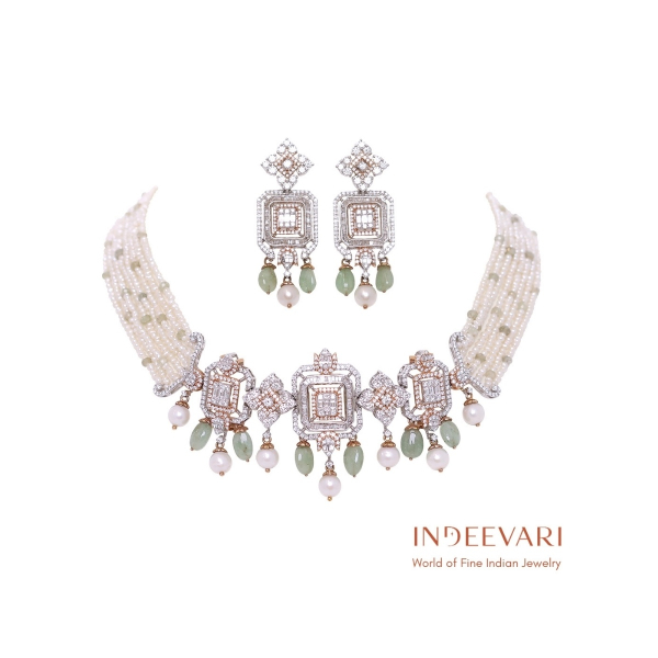 Crystal Palace Polki Diamond Necklace with geometric pattern, emerald and pearl drops in 18kt gold