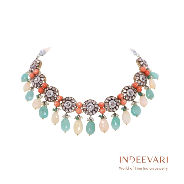 Handcrafted Victorian Rose Garden Polki Necklace with coral beads and emerald drops in 18kt gold setting