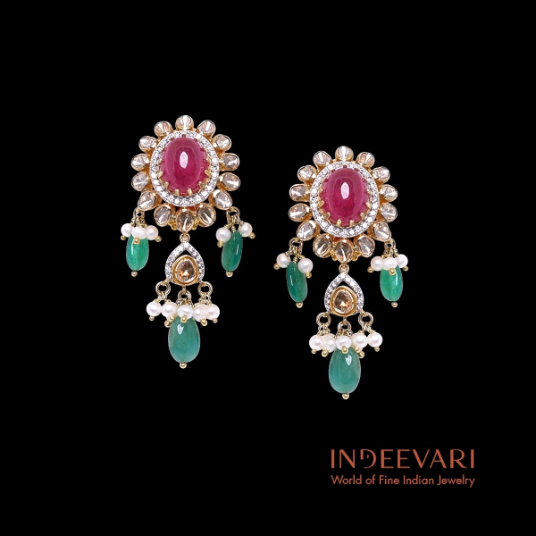 Ruby Sunburst Polki Drop Earrings with ruby centers and emerald bead drops in 18kt gold