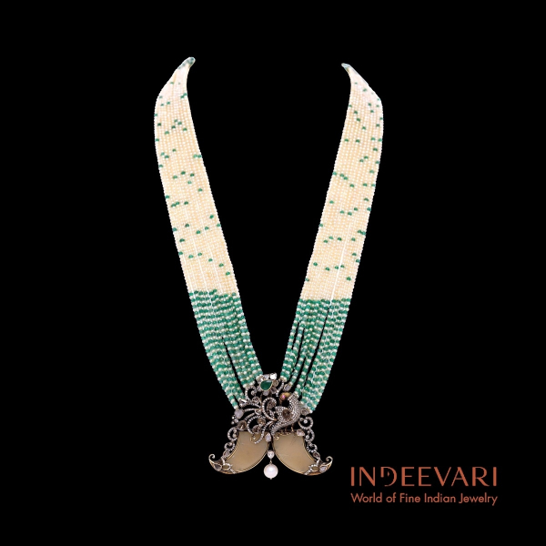 Imperial Peacock Crest Necklace with emerald and pearl strands featuring peacock heraldic design in 18kt gold