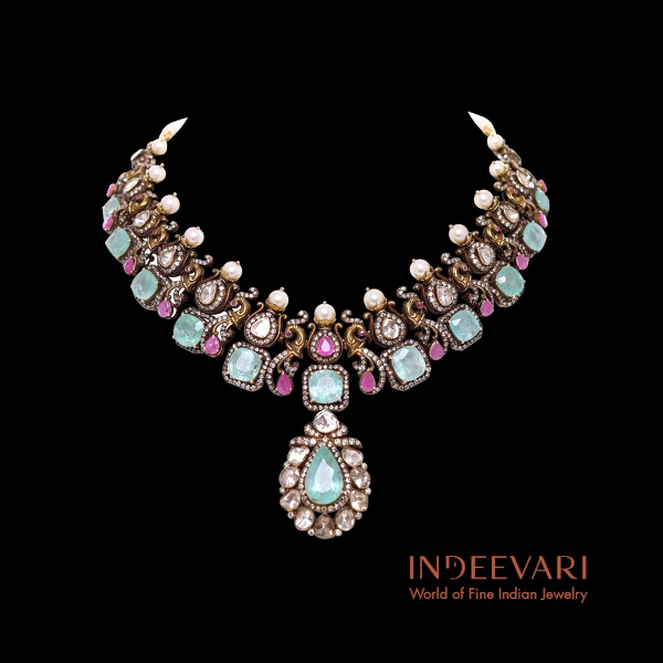 Emerald Enchantment Necklace with cushion emeralds, polki diamonds and ruby drops in 18kt gold