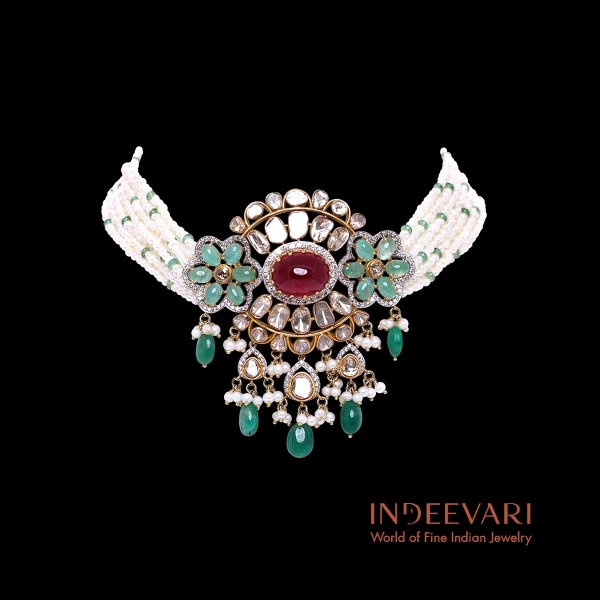 Victorian Lotus Blossom Choker with seven pearl strands and floral diamond center in 18kt gold