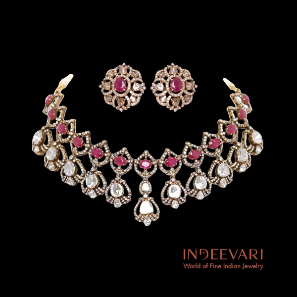 Rosette Garden Victorian Ruby and Diamond Necklace Set with floral motifs in 18kt gold setting