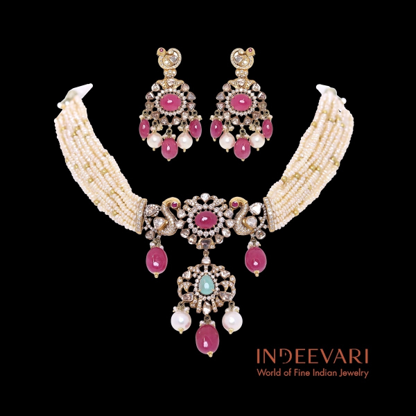 Luxury Maharani Ruby and Pearl Victorian Polki Choker Set with matching earrings in 18kt gold