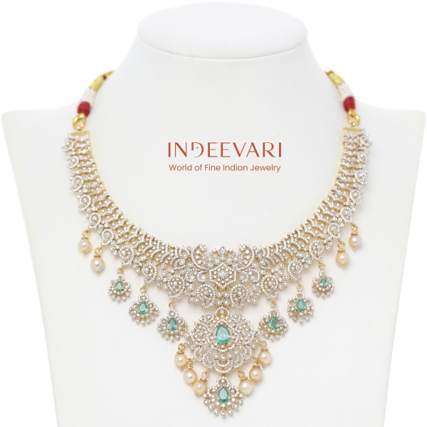 Emerald Pearl Fringe CZ Necklace – 18kt Gold Detachable Bridal Necklace