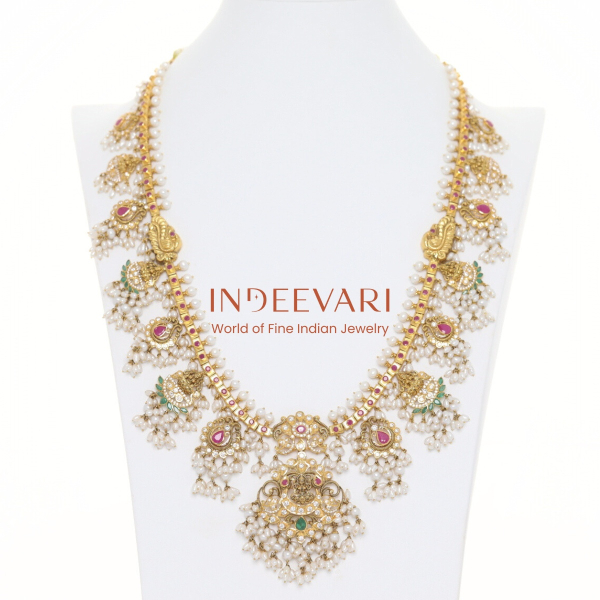 Rajika Guttapusalu Pearl Temple Haram - emerald necklace with premium craftsmanship