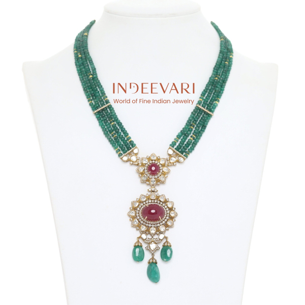 Victorian Emerald Regal Ruby Necklace - indian polki with premium craftsmanship