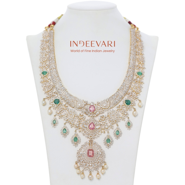 Emerald Pink Stone CZ Haram – 18kt Gold Detachable Bridal Haram