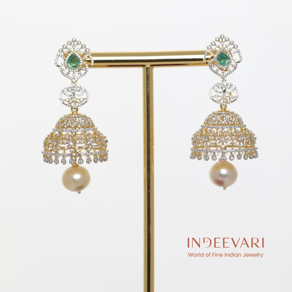 Emerald Pearl Drop CZ Jhumka Earrings – 18kt Two-Tone Gold Finish