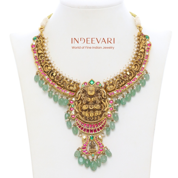 Grand Lakshmi Temple Necklace with Emerald Drops