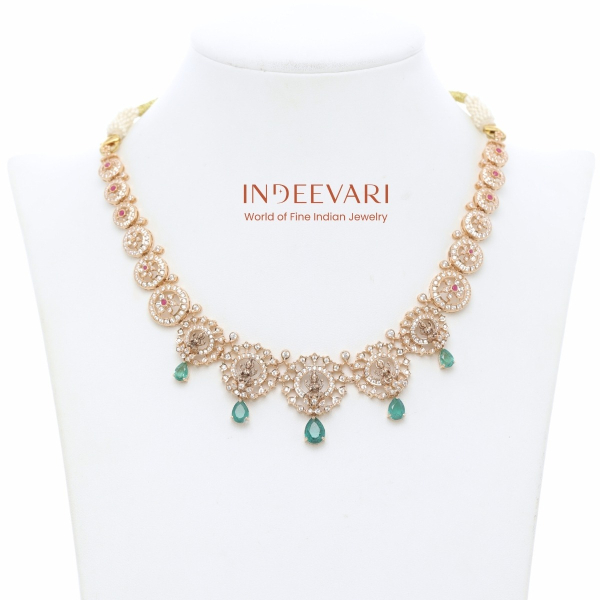 Rose Gold Cz Lakshmi Necklace with Emerald Drops