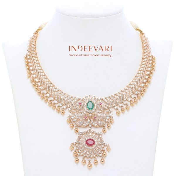 Rose Gold Cz Necklace with Emerald & Ruby Pendant