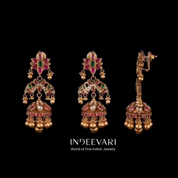 Polki Diamond, Uncut Ruby, Emerald Jhumkis