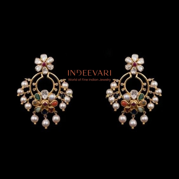 Navaratna Chandbali With Flat Diamond Polki