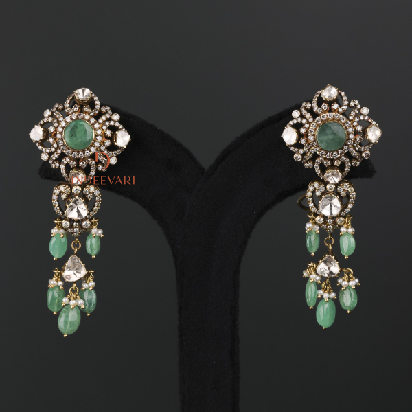 Aashirya Diamond Polki and Emerald Hanging Earrings
