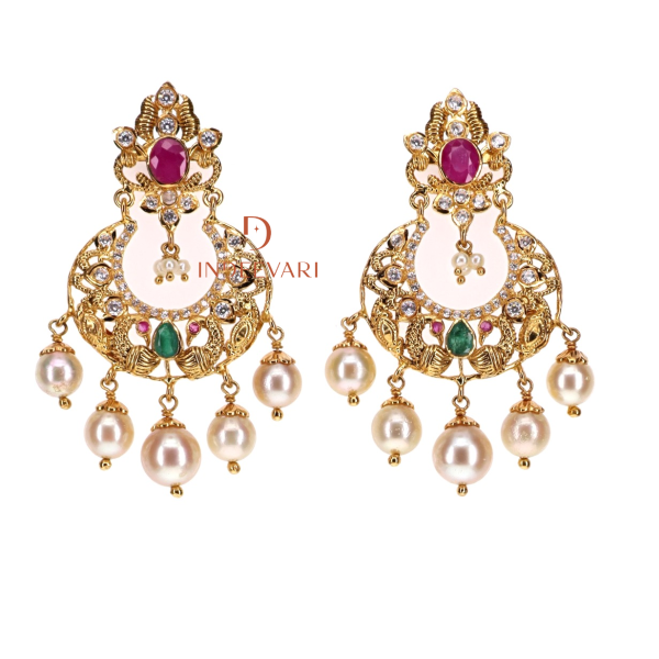 Mayura Pachiwork Chandbali earrings with rubies, emeralds, pearls, and CZ stones – traditional Indian gold chand earrings
