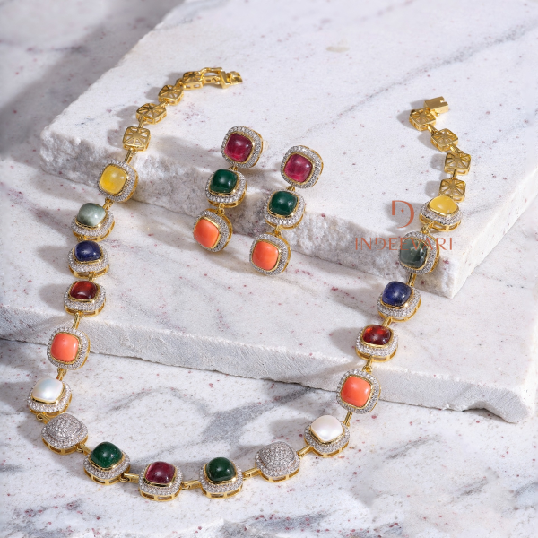 Sparkling Diamond Navratna Necklace Set