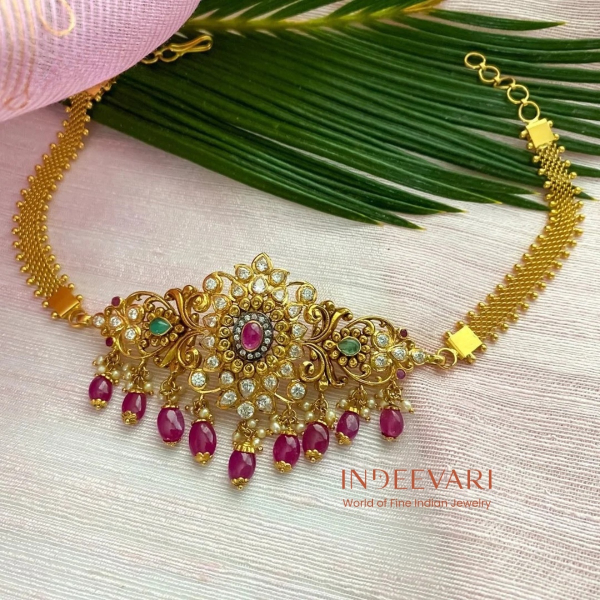 Ruby Bead Sleek Bhajubandh Cum Choker with Chain