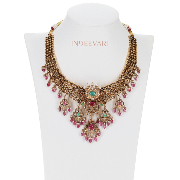 Mayuri Pachi Mesh Necklace with ruby beads, pearls, and CZ stones – traditional Indian necklace in gold with intricate mesh design