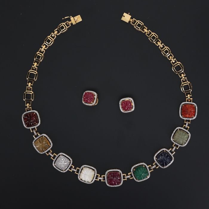 Buy Antique Gold Plated Pahal Navaratna Necklace Earring Set | Tarinika -  Tarinika India